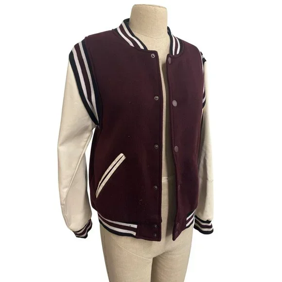 Ring Of Fire Mens Varsity Jacket Size L Maroon & White Polyester - Picture 2 of 12